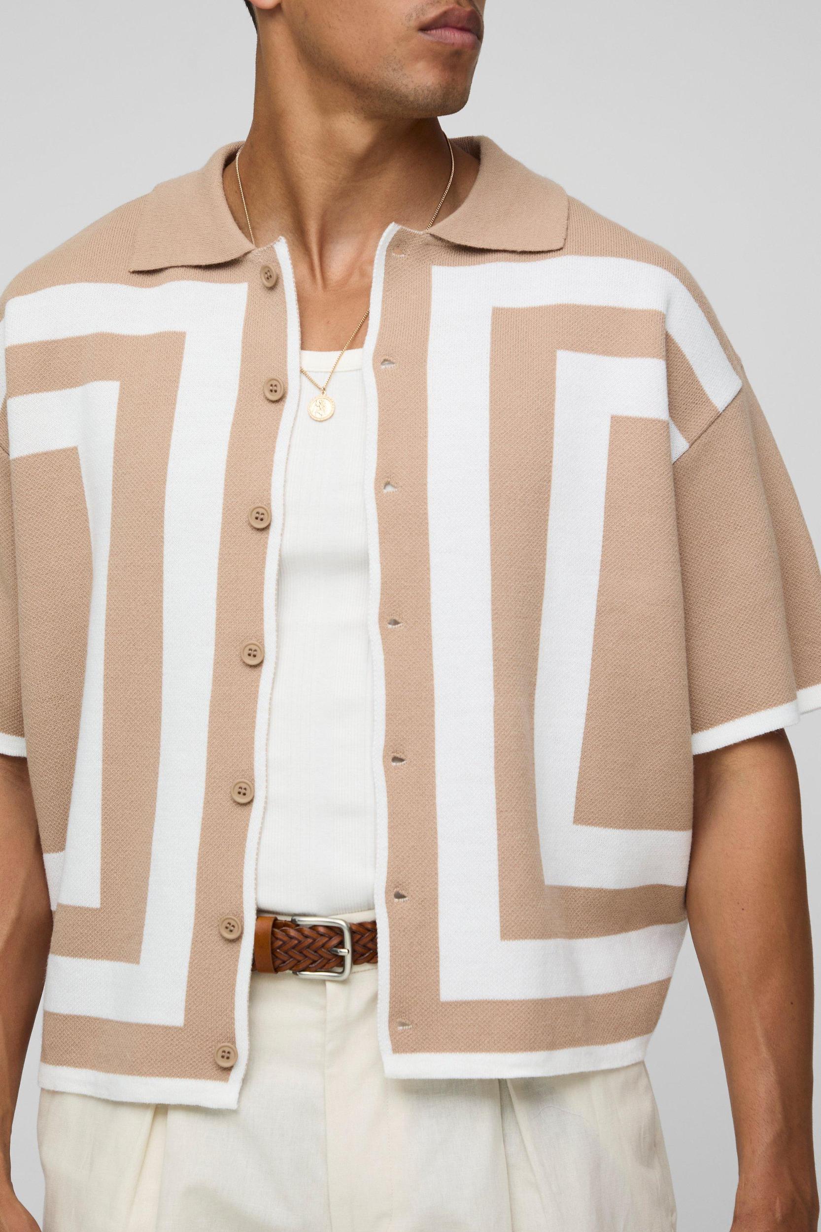 Oversized Boxy Border Knitted Shirt | boohooMAN USA Product Image