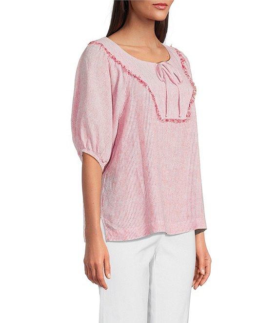 Ali Miles Woven Stripe Linen Blend Yarn-Dyed Split Round Neck Elbow Sleeve Frayed Hem Tunic Product Image