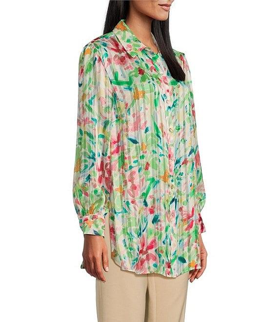 Investments Woven Multi Airbrush Floral Long Sleeve Point Collar Button Front Top Product Image