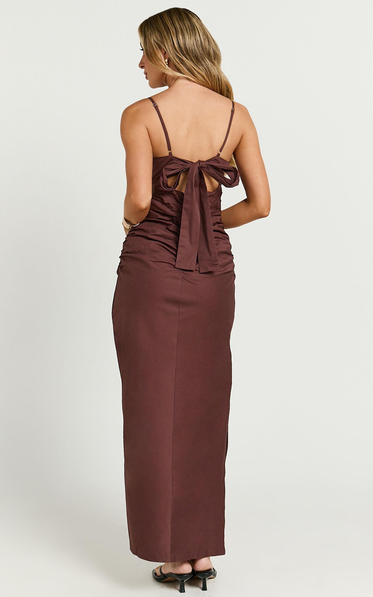 Nicoletta Midi Dress - Sweetheart Back Tie Gathered Dress in Chocolate Product Image