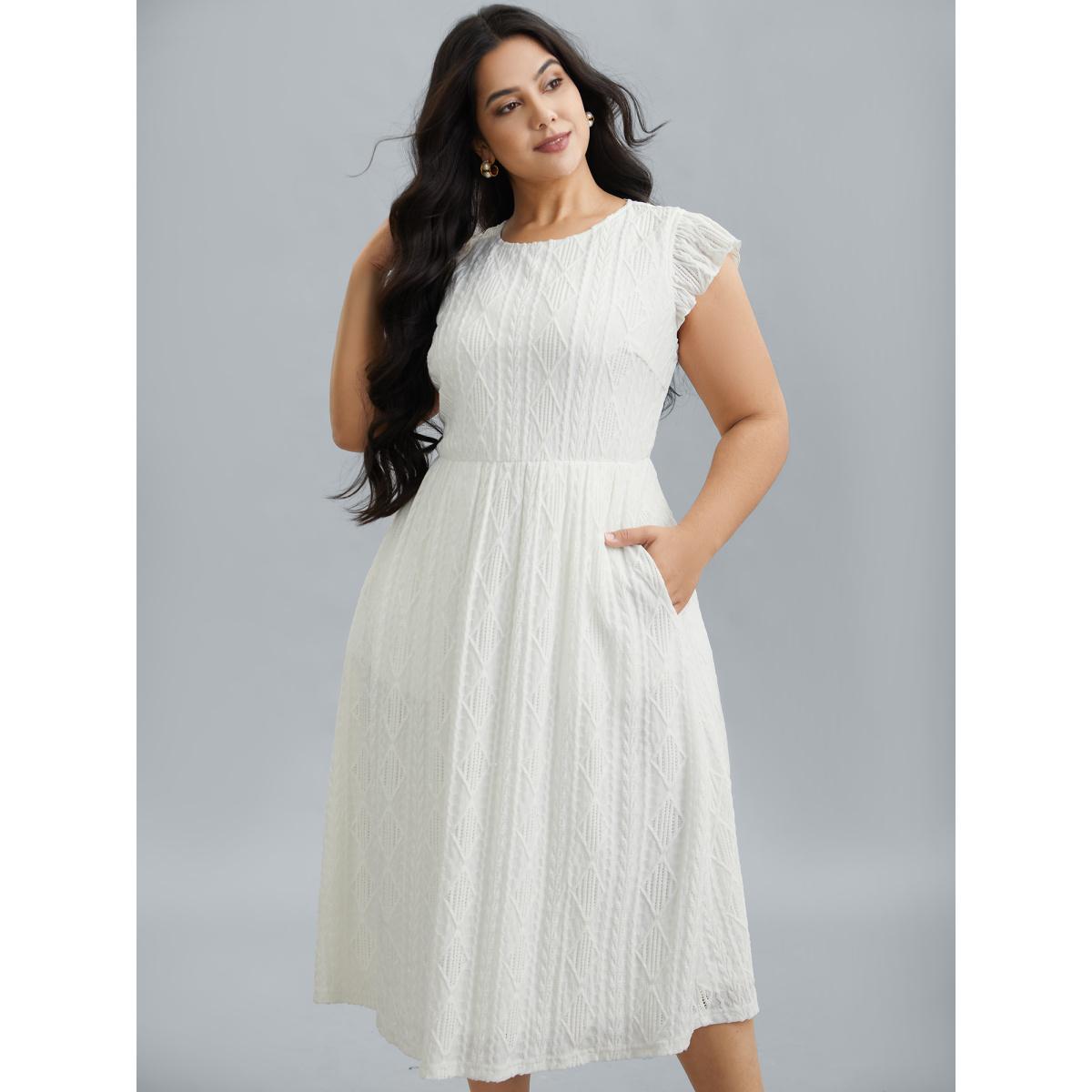 Plus Size Flutter Sleeve Textured Pockets Midi Dress Ivory Women Casual Texture Round Neck Cap Sleeve Curvy BloomChic 30/6X Product Image
