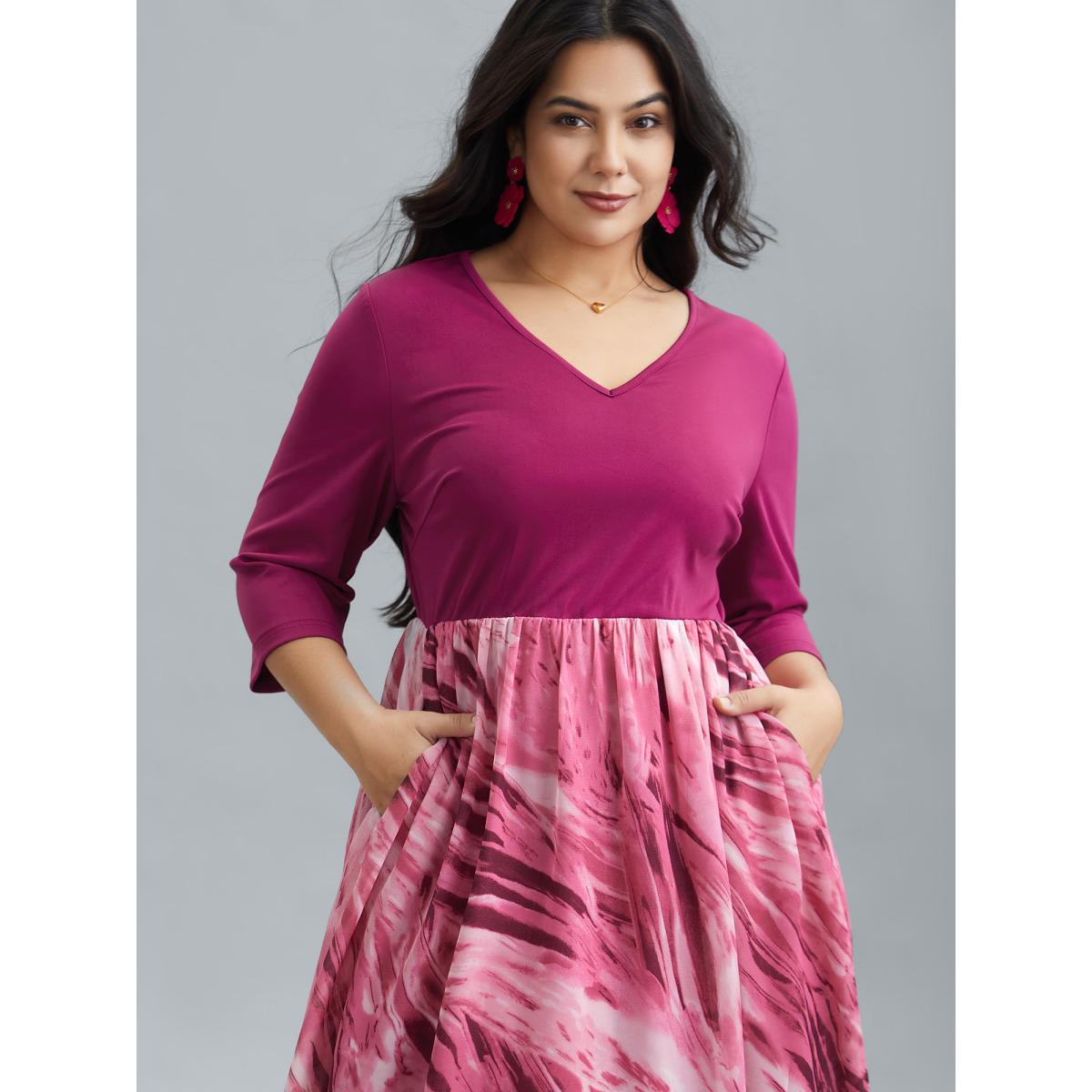 Plus Size Abstract Print Spliced V-Neck Midi Dress Rosered Women Elegant Patchwork V-neck Elbow-length sleeve Curvy BloomChic 26/4X Product Image
