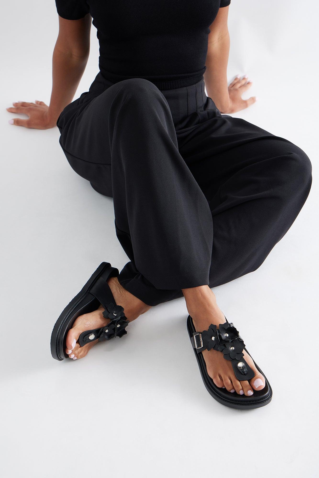 Matcha Buckle Faux Leather Flip Flops - Black Female Product Image