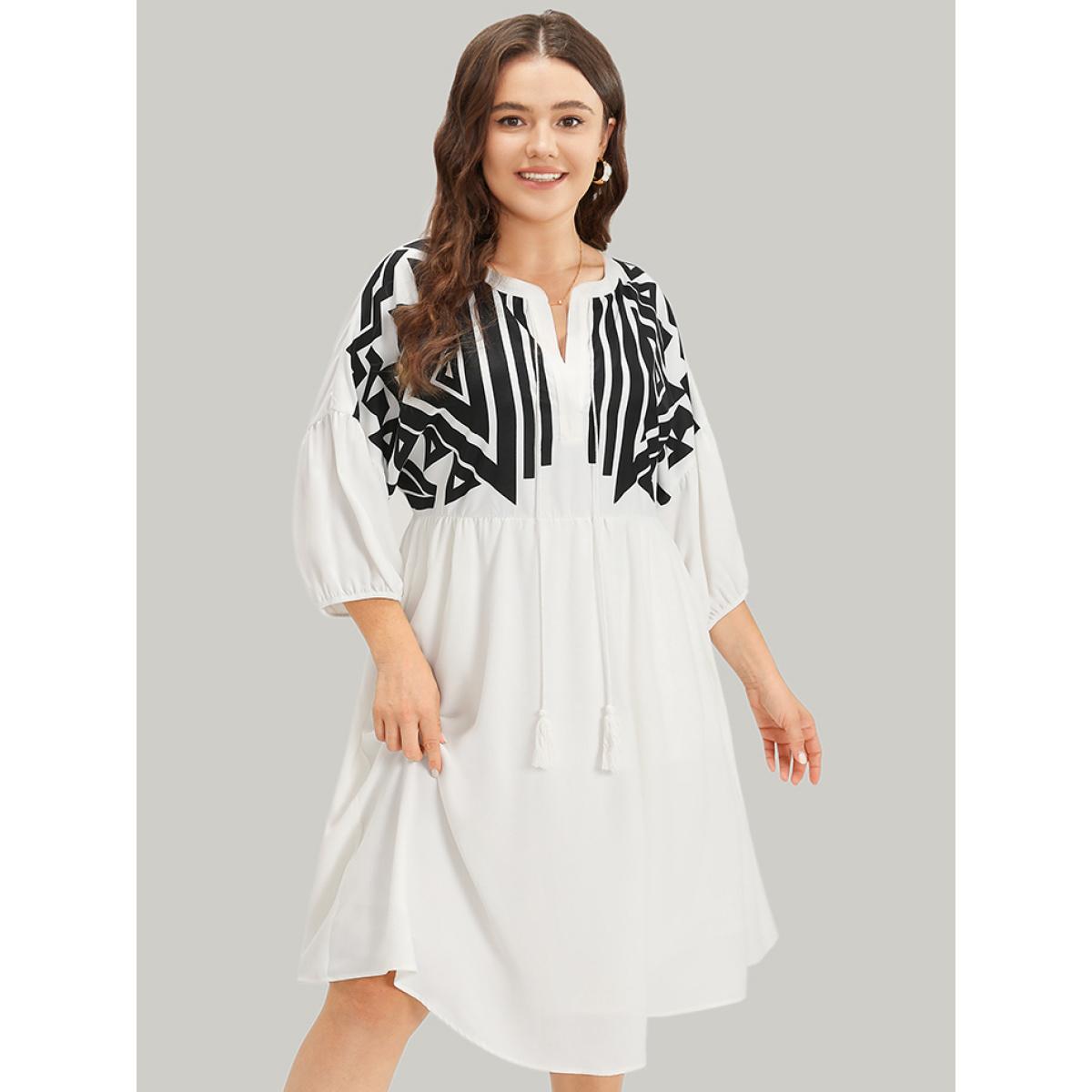 Plus Size Geometric Print Notched Ties Tassels Elastic Cuffs Dress White Women Vacation Elastic cuffs Notched collar Elbow-length sleeve Curvy Midi Dress BloomChic 30/6X Product Image