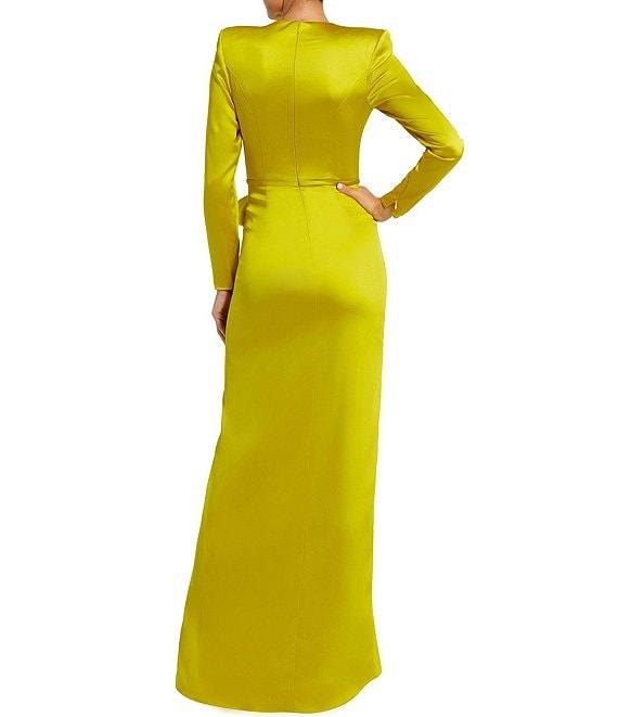 Mac Duggal Long Sleeve Crew Neck Ruched Waist Draped Bow Thigh High Slit Satin A-Line Gown Product Image