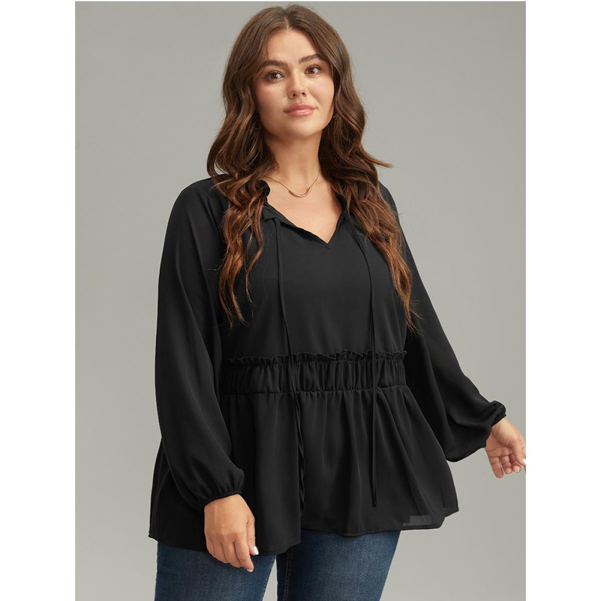 Plus Size Black Anti-Wrinkle Plain Shirred Frill Trim Gathered Tie Neck Blouse Women Casual Long Sleeve Tie Neck Everyday Blouses BloomChic 18-20/2X Product Image