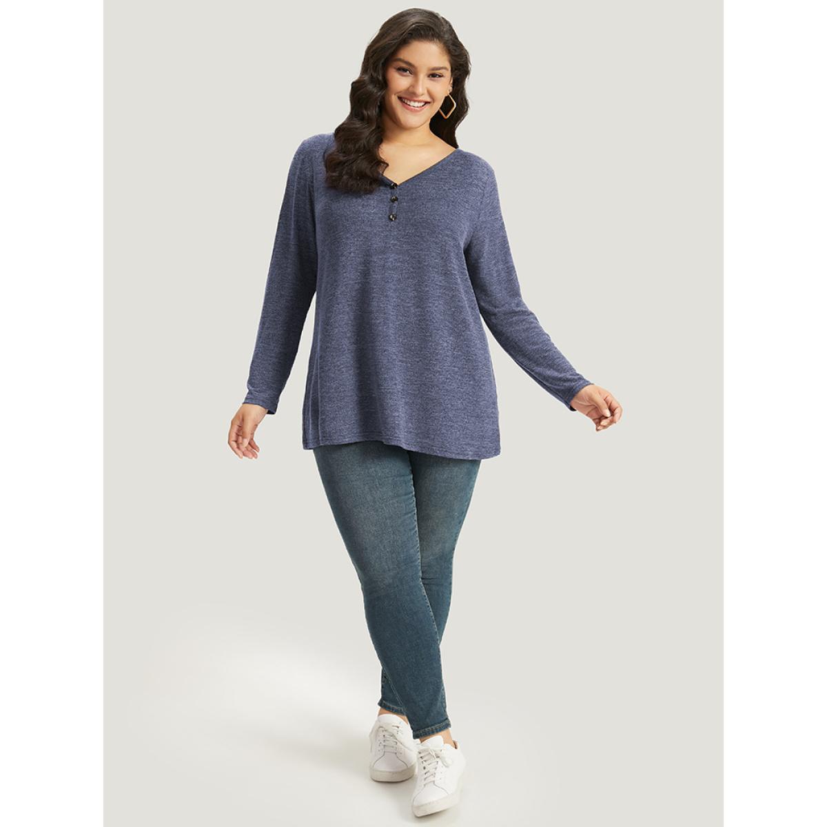 Plus Size Heather Button Up Long Sleeve T-shirt Emerald Women Leisure Heather Plain Casual T-shirts BloomChic 18-20/2X Product Image