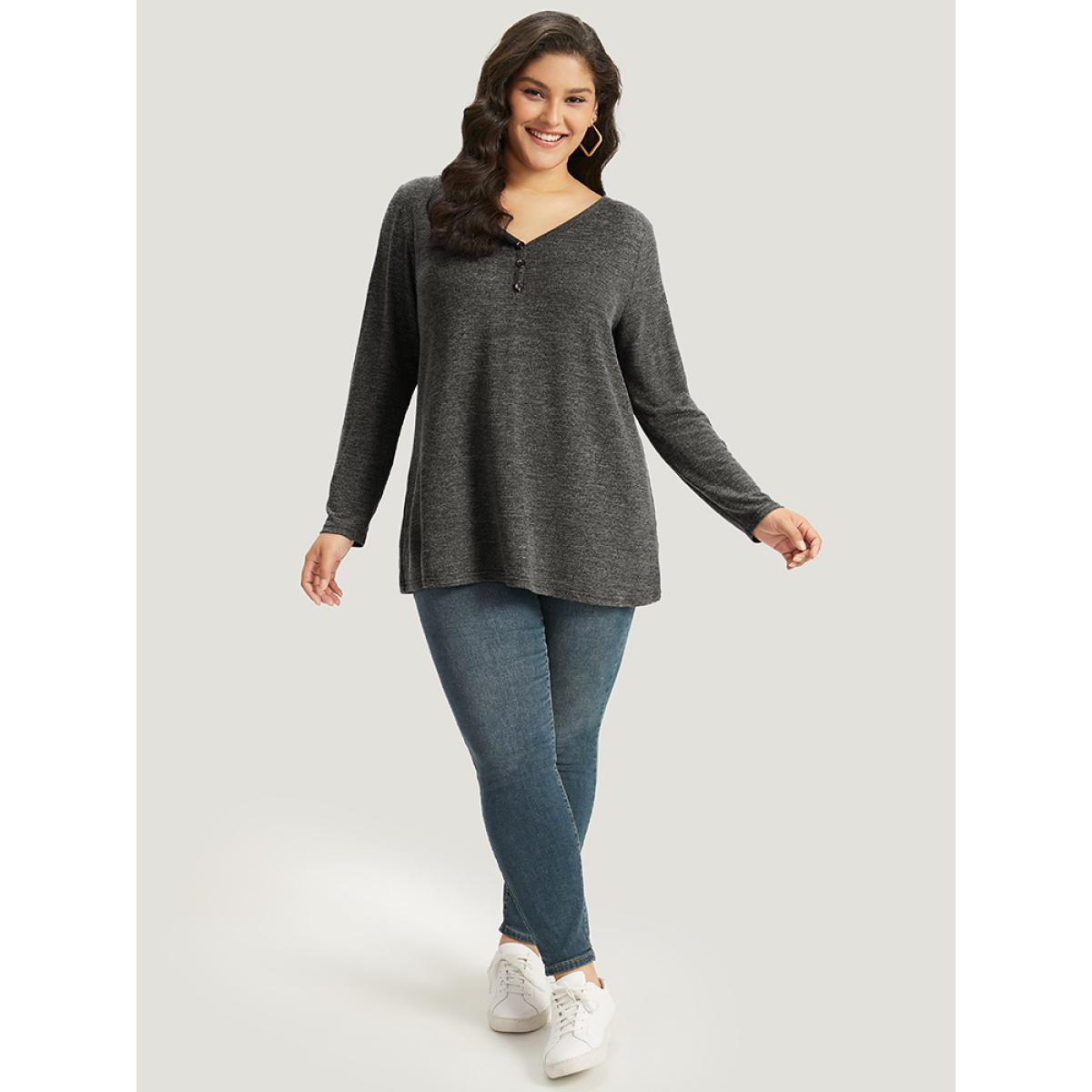 Plus Size Heather Button Up Long Sleeve T-shirt Black Women Casual Heather Plain V-neck Everyday T-shirts BloomChic 28/5X Product Image