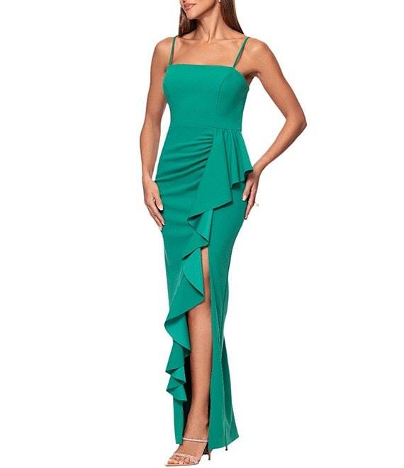 Xscape Scuba Crepe Square Neck Sleeveless Ruffle Sheath Gown Product Image