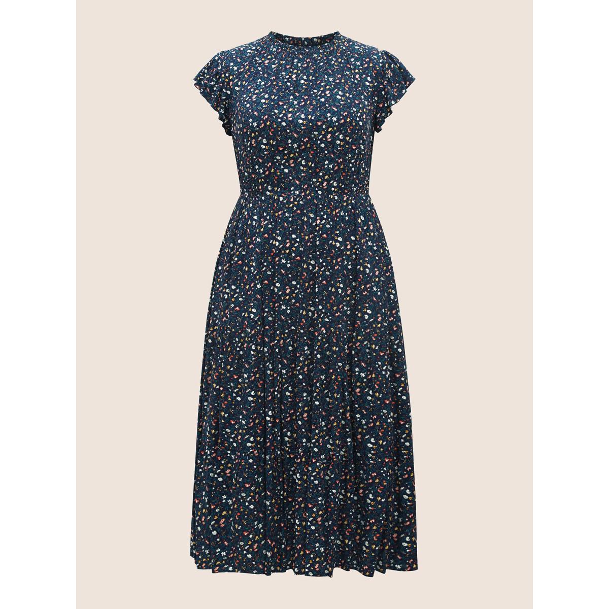 Plus Size Ditsy Floral Ruffle Cap Sleeve Dress Navy Women Elegant Frill Trim Mock Neck Cap Sleeve Curvy BloomChic 30/6X Product Image