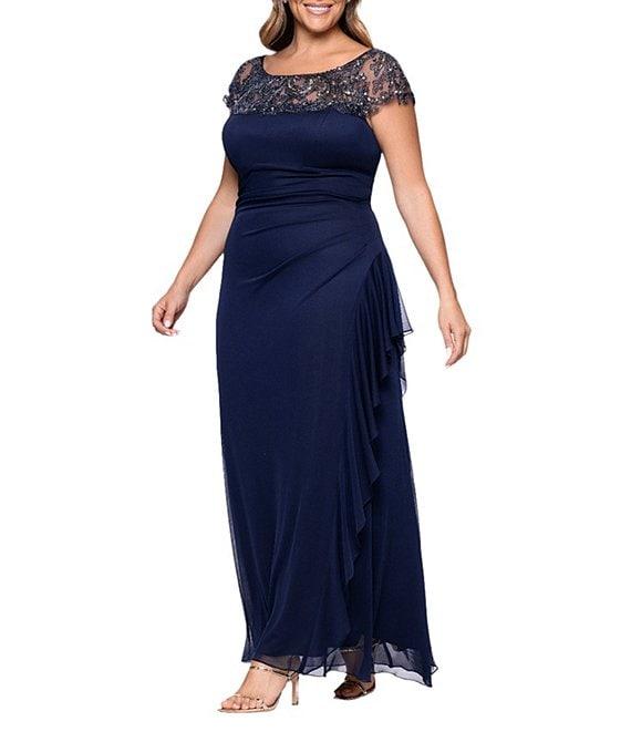 Xscape Plus Size Boat Neck Short Sleeve Mesh Beaded Yoke Gown Product Image