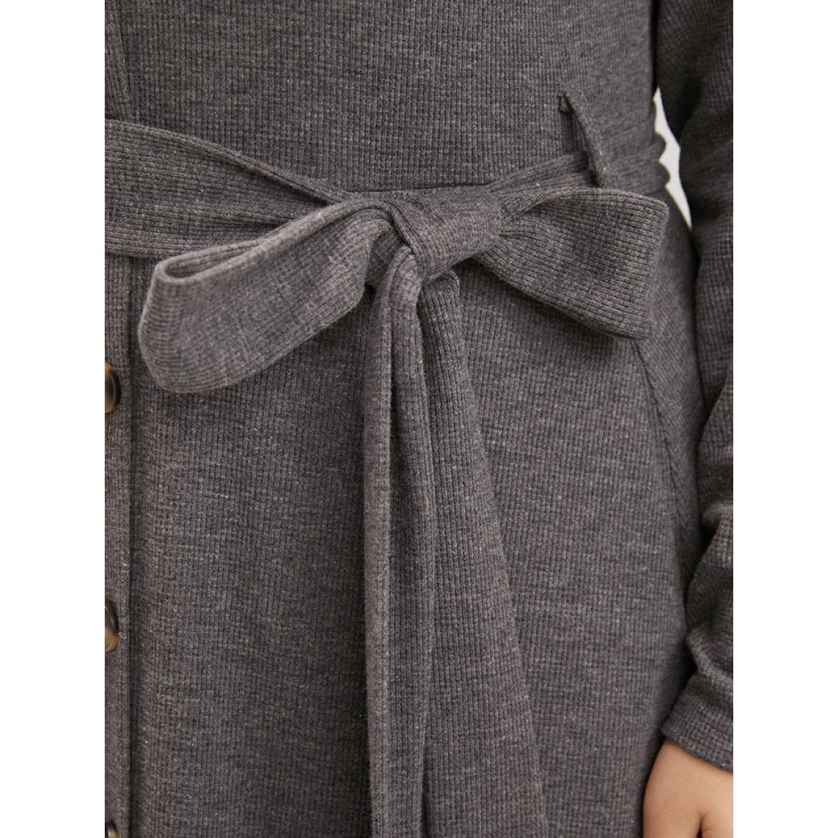 Plus Size Solid Pocket Button Up Belted Rib Knit Dress DarkGray Women Elegant Button V-neck Long Sleeve Curvy Midi Dress BloomChic 14-16/1X Product Image