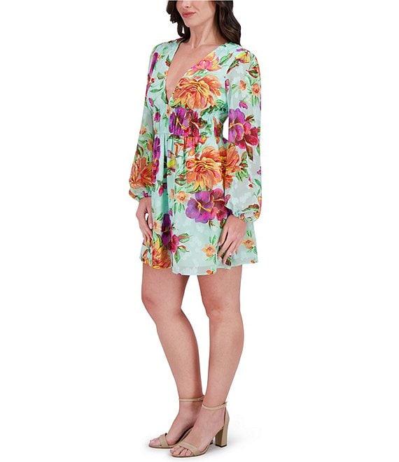 SIENA Burnout Floral Print V-Neck Long Sleeve A-Line Mini Dress Product Image