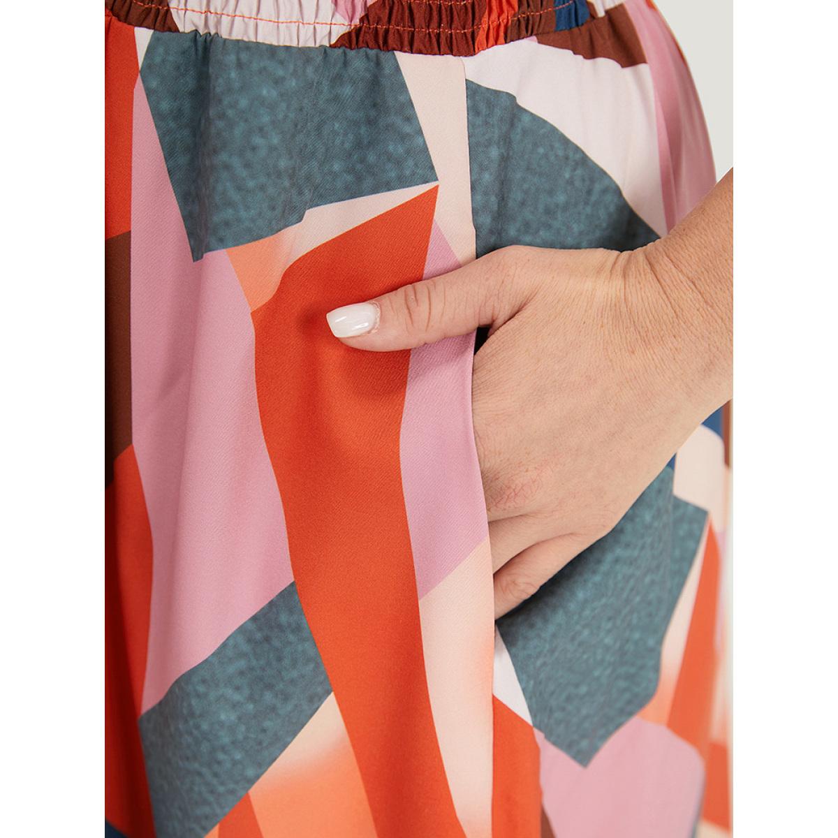 Plus Size Colour Geometric Contrast Shirred Ruffles Elastic Waist Dress Multicolor Women Vacation Elastic Waist V-neck Short sleeve Curvy Midi Dress BloomChic 18-20/2X Product Image