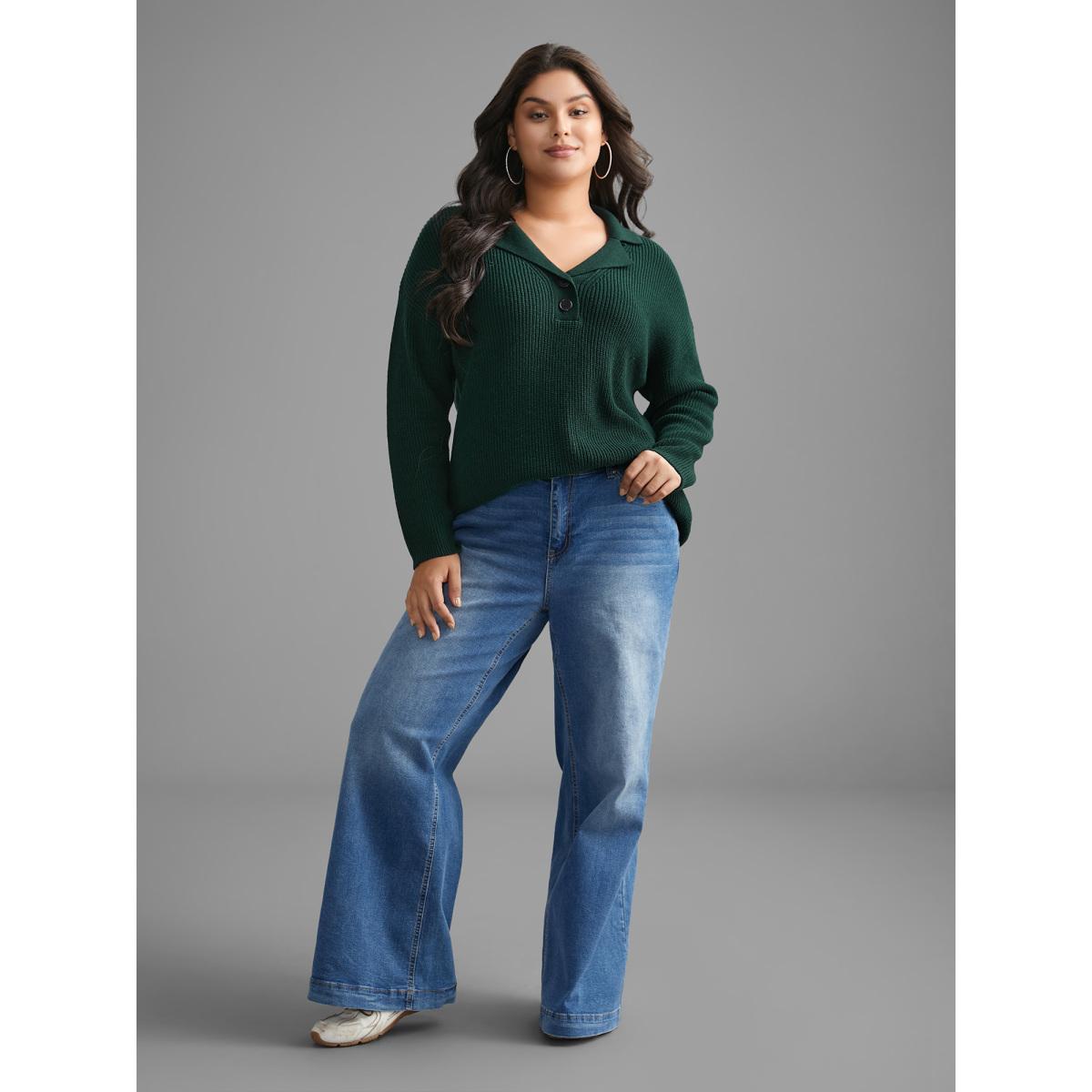 Plus Size Supersoft Essentials Textured Button Up Pullover DarkGreen Women Casual Loose Long Sleeve Suit Collar Everyday Pullovers BloomChic 26/4X Product Image