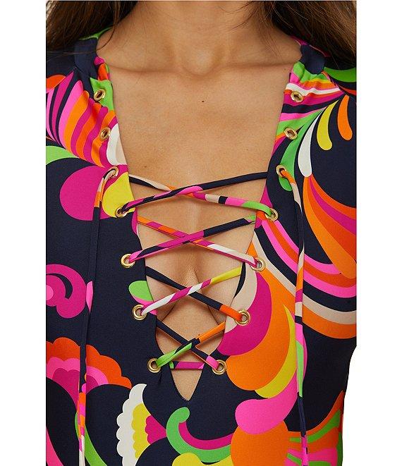 Trina Turk Poolside Swirl Long Sleeve Lace-Up Paddle One Piece Swimsuit Product Image