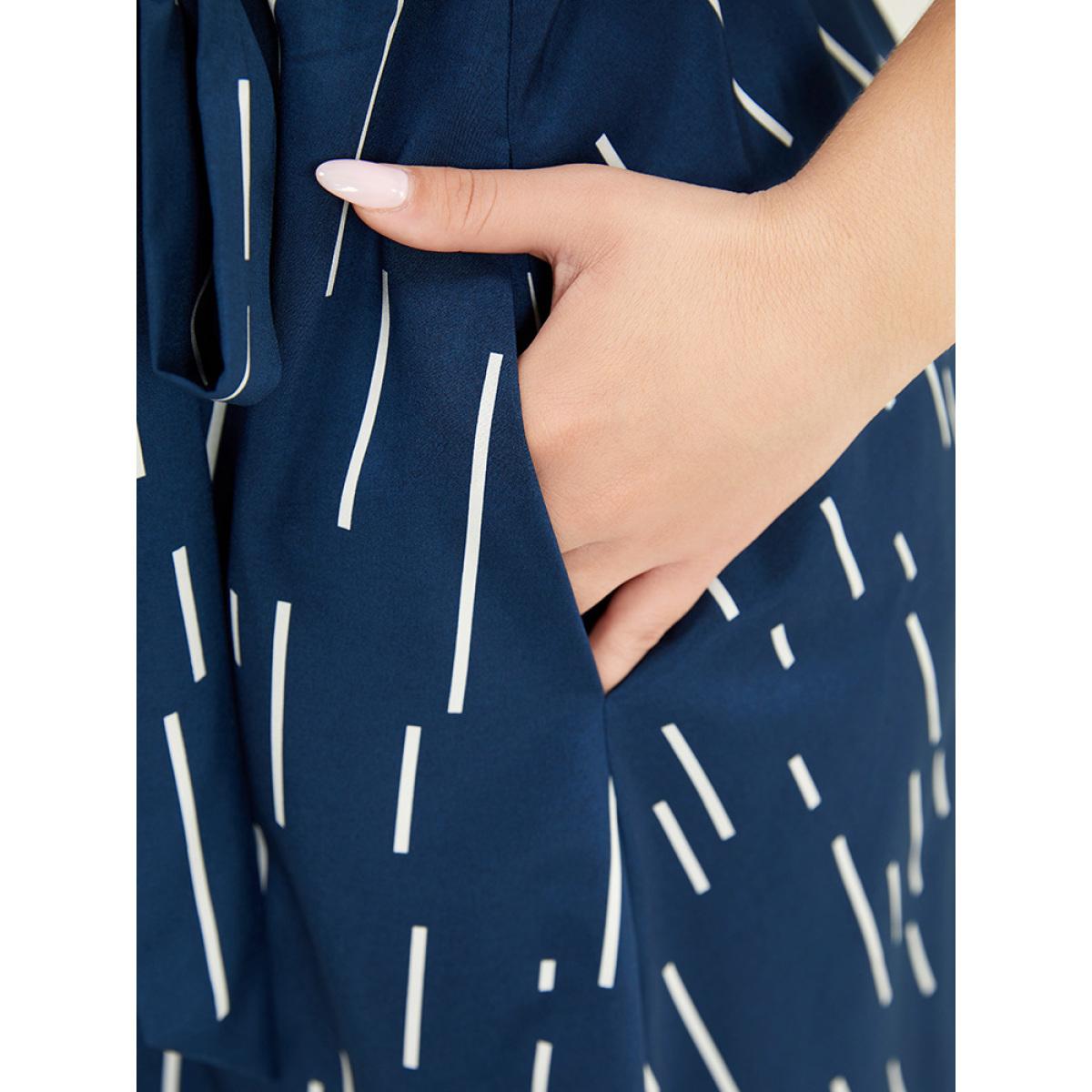 Plus Size Geometric Pocket Ruffle Hem Belted Notched Neck Tank Dress DarkBlue Women Office Cross straps Notched collar Sleeveless Curvy Midi Dress BloomChic 26/4X Product Image