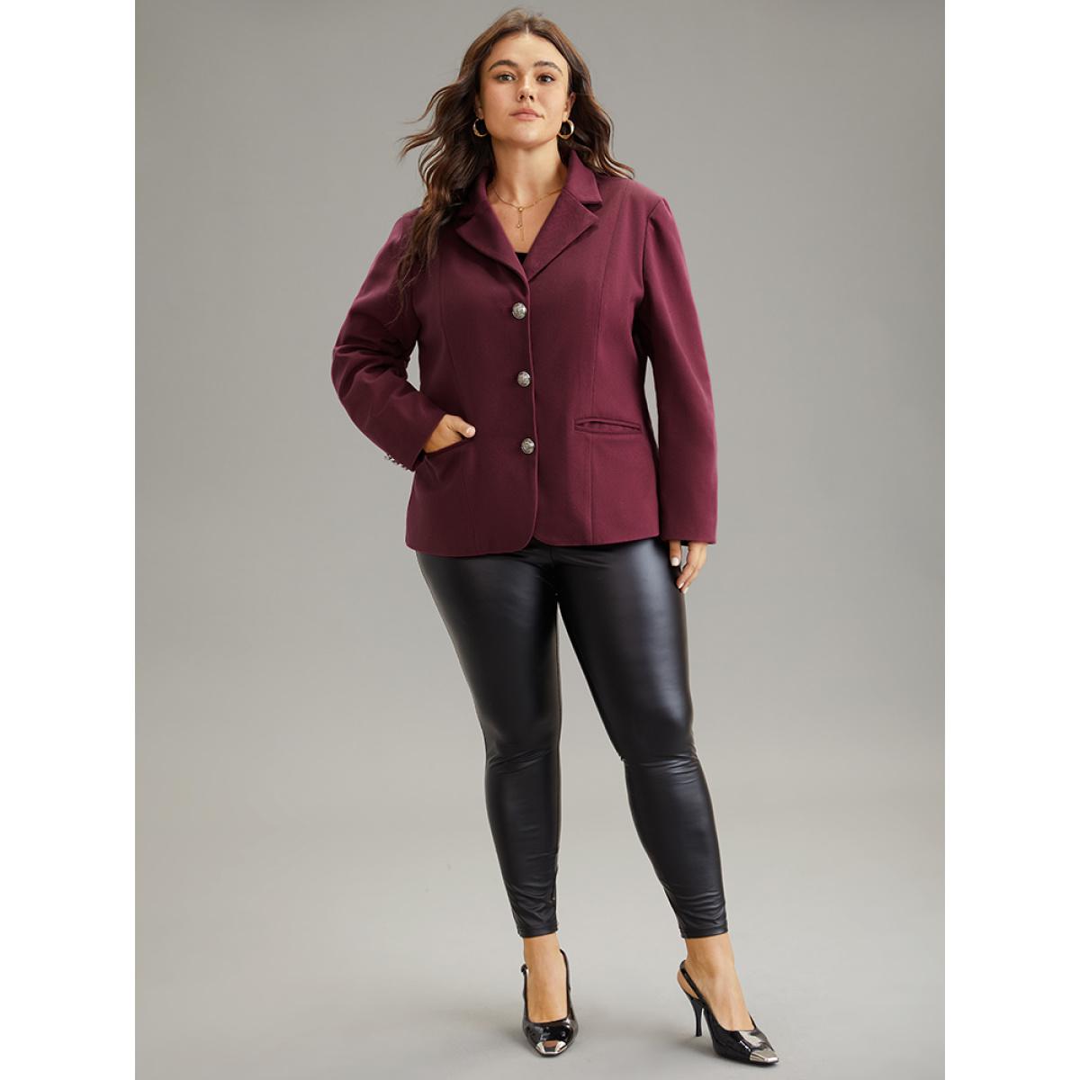 Plus Size Solid Button Fly Pocket Suit Collar Blazer Burgundy Women Office Plain Button Sleeve Long Sleeve Suit Collar 28/5X Pocket Elegant Blazers BloomChic Product Image