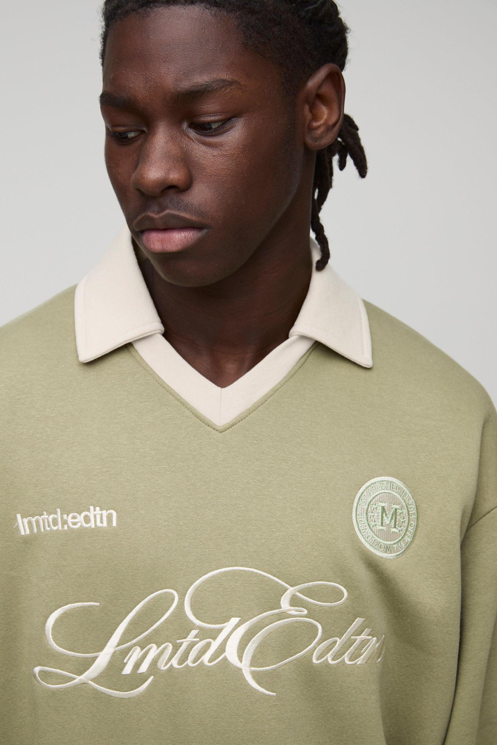 Oversized V Neck Embroidered Sweatshirt Polo | boohooMAN USA Product Image