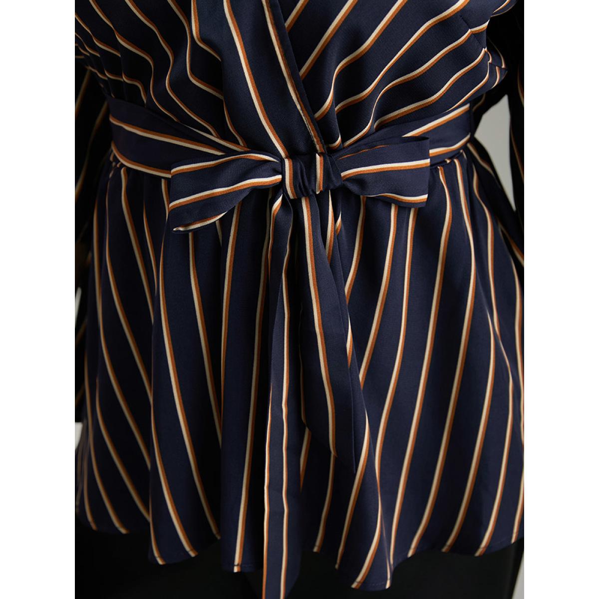 Plus Size Indigo Striped Overlap Collar Bell Sleeve Blouse Women Office Elbow-length sleeve Overlap Collar Work Blouses BloomChic 30/6X Product Image