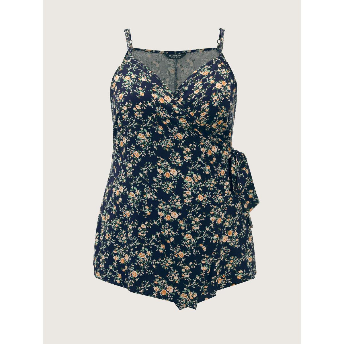 Plus Size Floral Print Side-Tie Rayon Tank Top Women Navy Romantic Overlapping Overlap Collar Elegant Tank Tops Camis BloomChic 26/4X Product Image