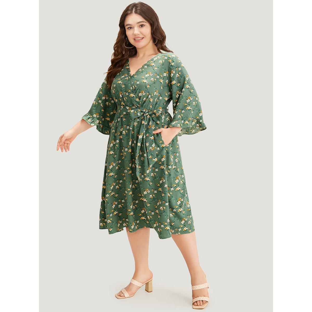 Plus Size Floral Print Surplice Neck Flutter Trim Dress Green Women Elegant Printed V-neck Elbow-length sleeve Curvy Midi Dress BloomChic 30/6X Product Image
