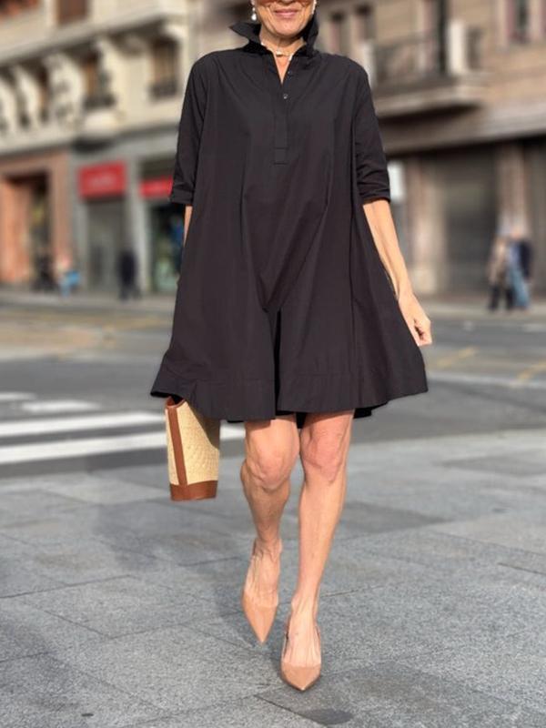 A-Line Short Sleeves Solid Color Split-Joint Lapel Mini Dresses Shirt Dress Product Image