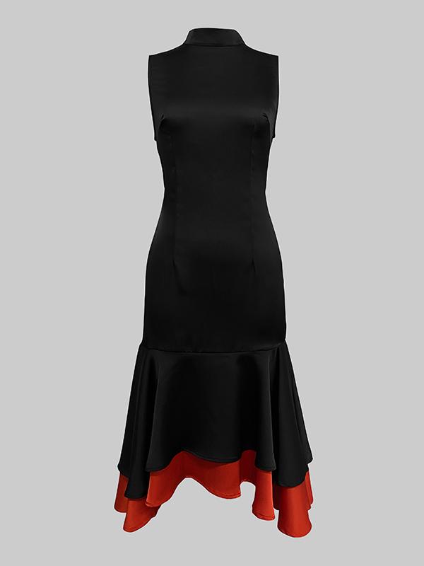 Loose Sleeveless Contrast Color Split-Joint Tiered High Neck Evening Dresses Midi Dresses Product Image