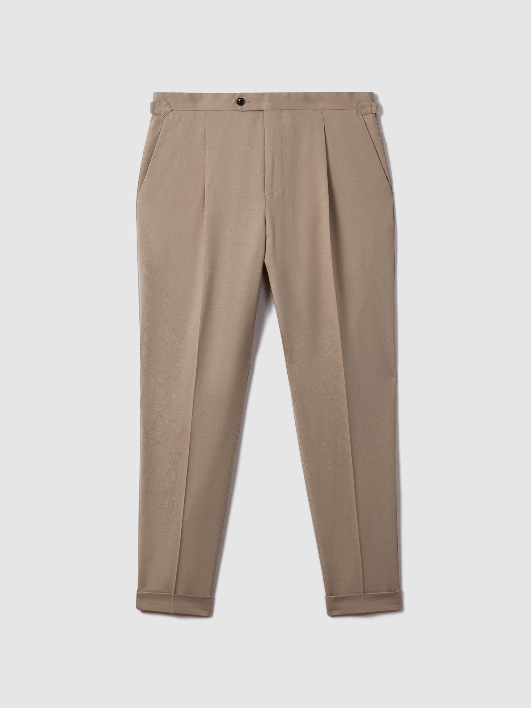Slim Fit Wool Blend Trousers with Turn-Ups in Taupe Product Image