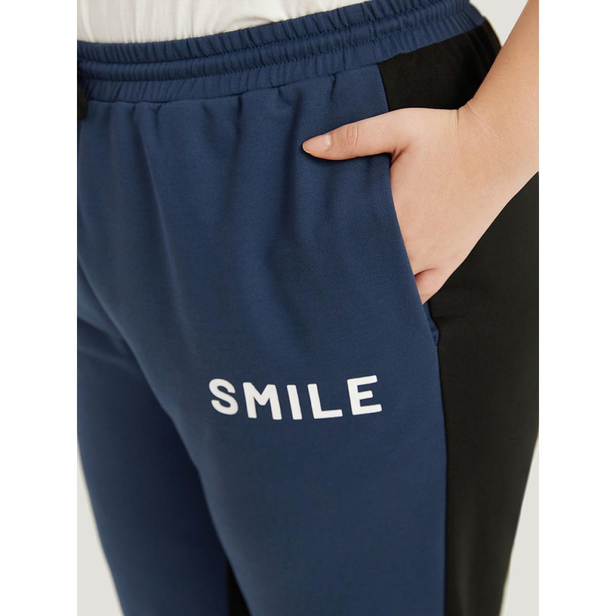 Letter Print Drawstring High Rise Sweatpants Black Plus Size Women Casual Dailywear Contrast 28/5X Bloomchic Product Image