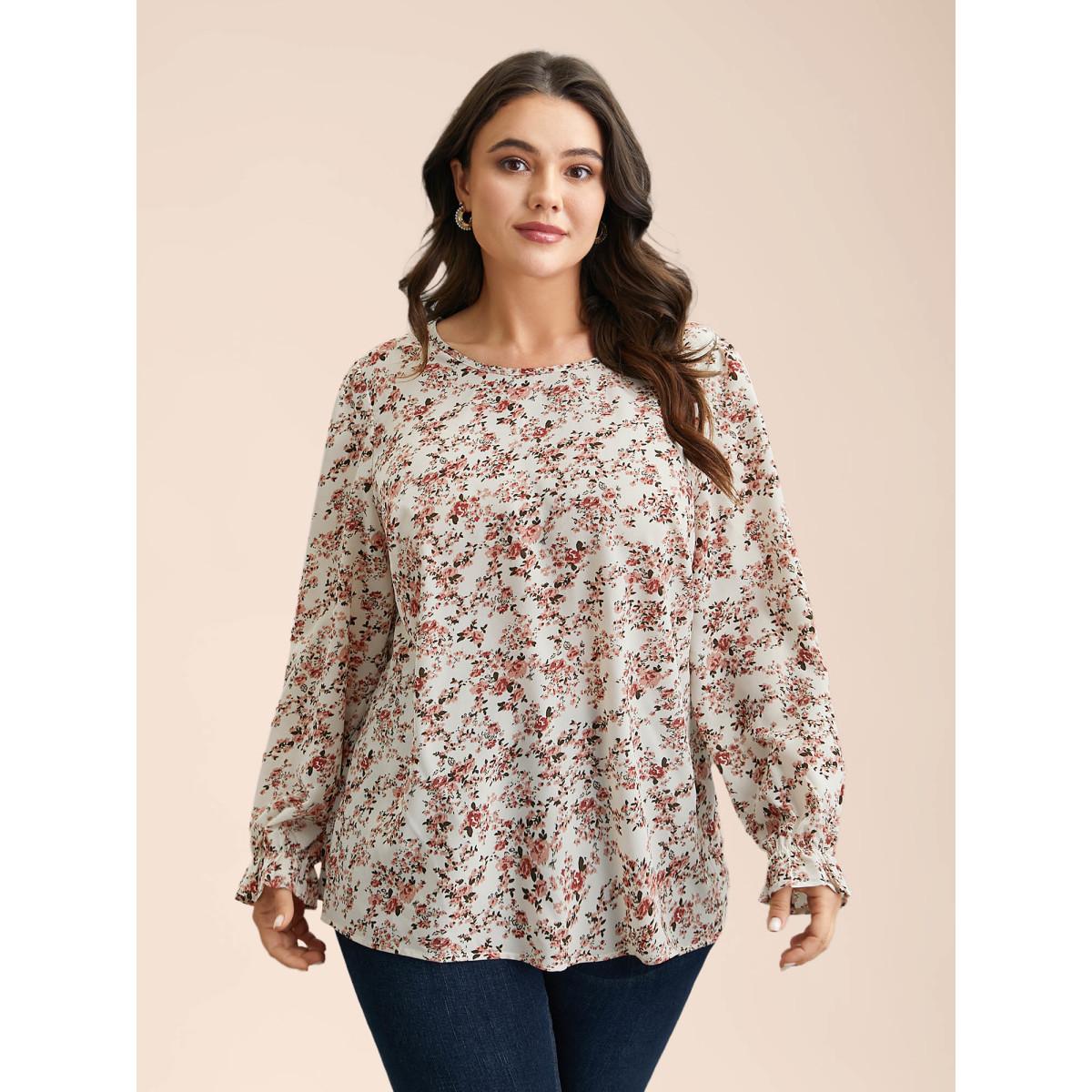 Plus Size Beige Back Lace Trim Ditsy Floral Print Blouse Women Elegant Long Sleeve Round Neck Everyday Blouses BloomChic 18-20/2X Product Image