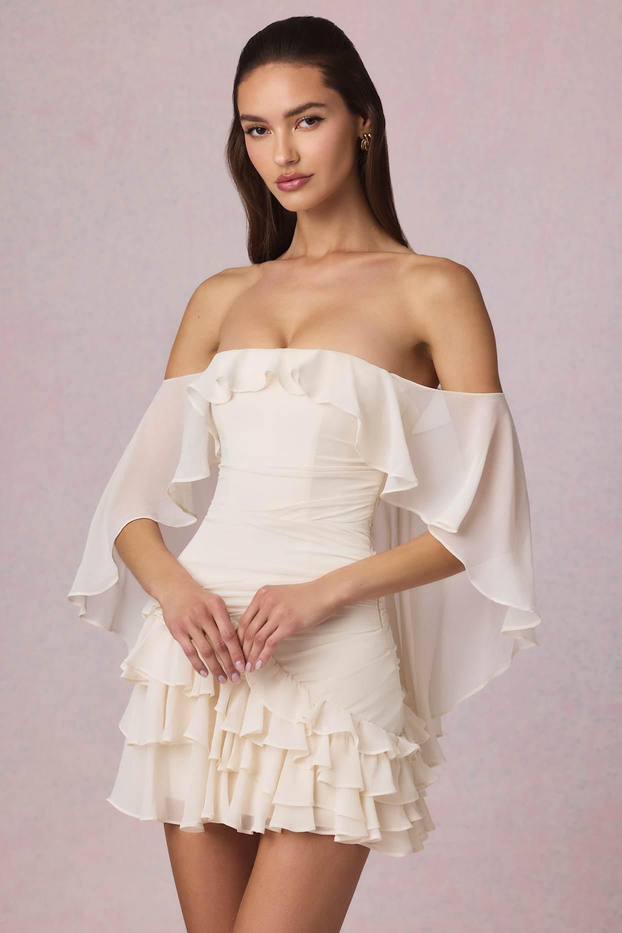 Off-Shoulder Ruffled Mini Dress in Ivory Product Image