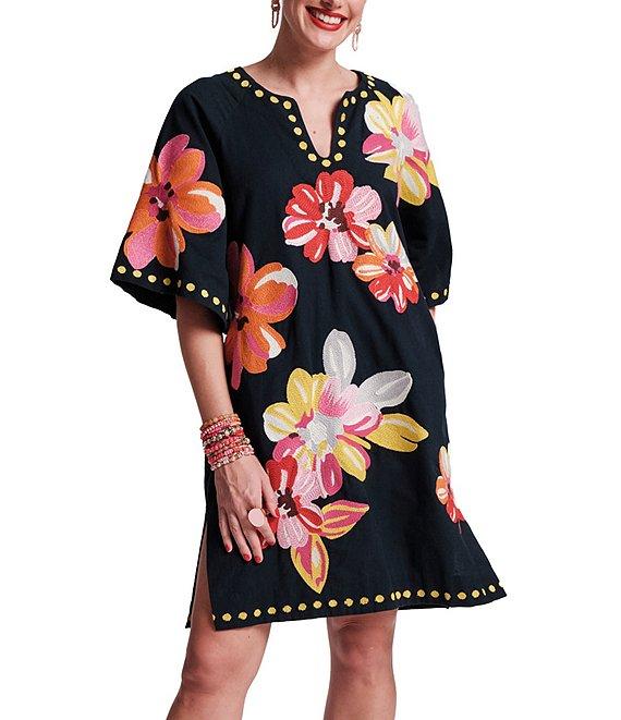 FRANCES VALENTINE Charming Floral Print Split Scoop Neck 3/4 Sleeve Dress Product Image