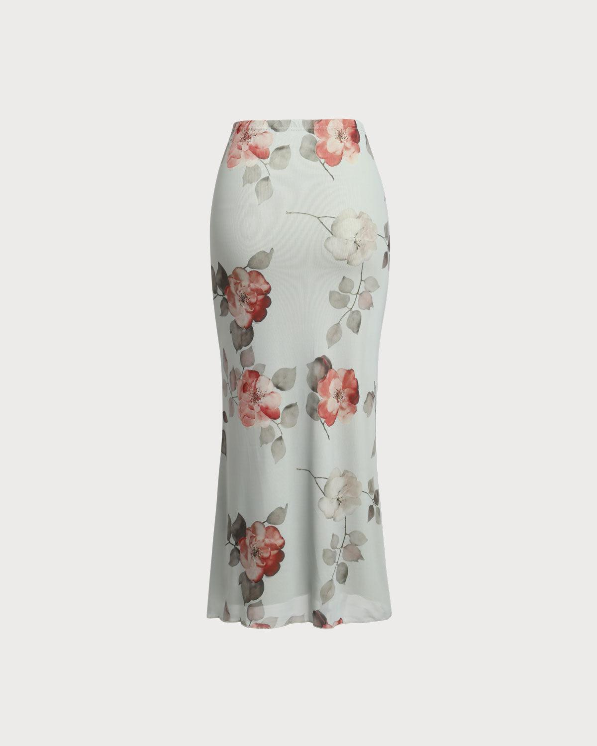 Green Floral Elastic Waist Straight Midi Skirt Product Image