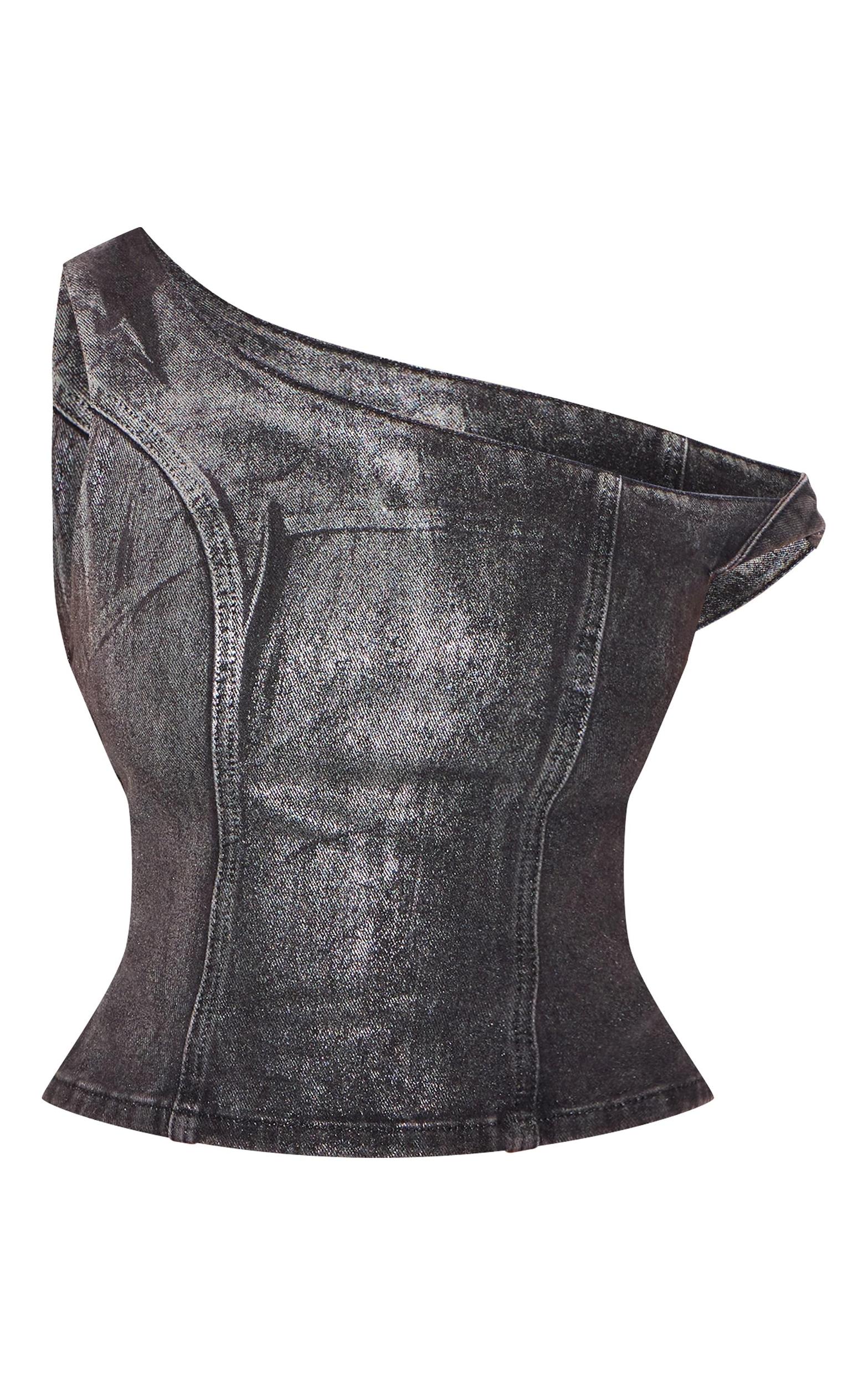 Black Silver Metallic Foil Effect One Shoulder Denim Top Product Image