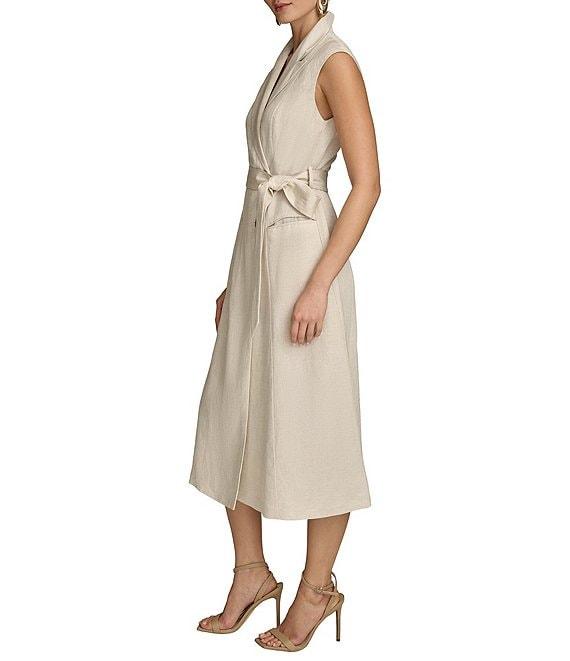 Donna Karan Collared Neck Cap Sleeve Tie Sash Button Front Linen Blend A-Line Midi Dress Product Image