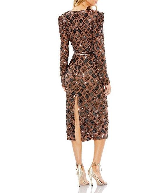Mac Duggal V-Neck Long Sleeve Beaded Printed Back Slit Midi Sheath Midi Dress Product Image