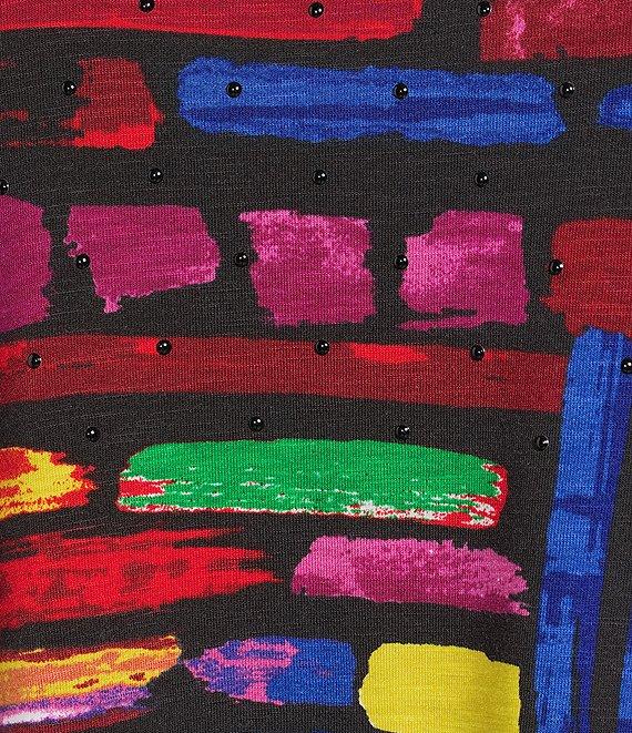 Ali Miles Plus Size Knit Brushstroke Print Round Neck 3/4 Sleeve Top Product Image