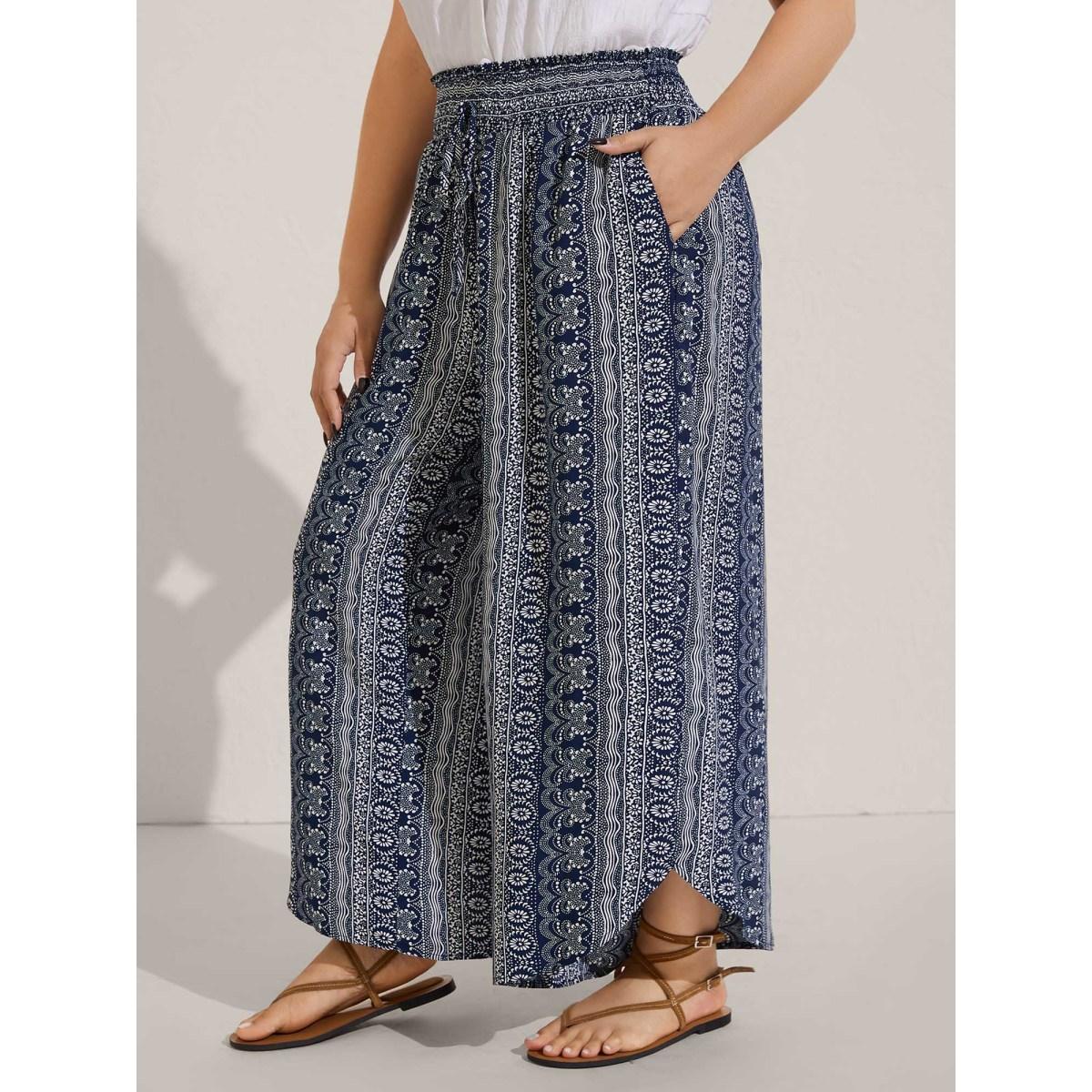 Plus Size Boho Print Shirred Waist Wide-Leg Pants Women Indigo Boho Wide Leg Mid Rise Vacation Pants BloomChic 10/M Product Image