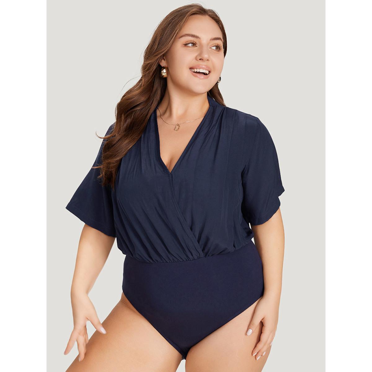 Plus Size Solid Overlap Collar Pleated Bodysuit Women Indigo Plain Wrap Bodysuits BloomChic 30/6X Product Image