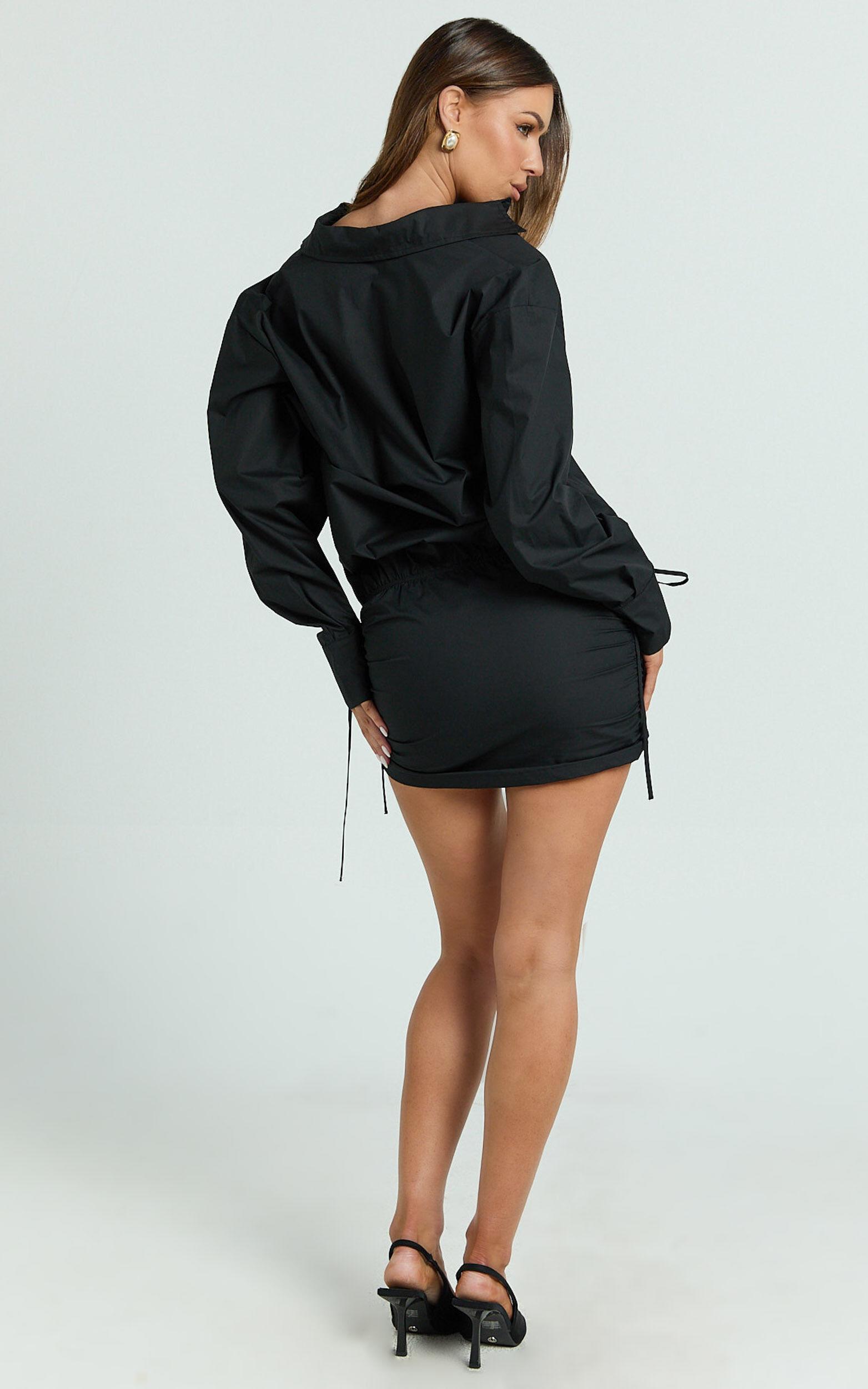 Avalon Mini Dress - Button Up Ruched Shirt Dress in Black Product Image