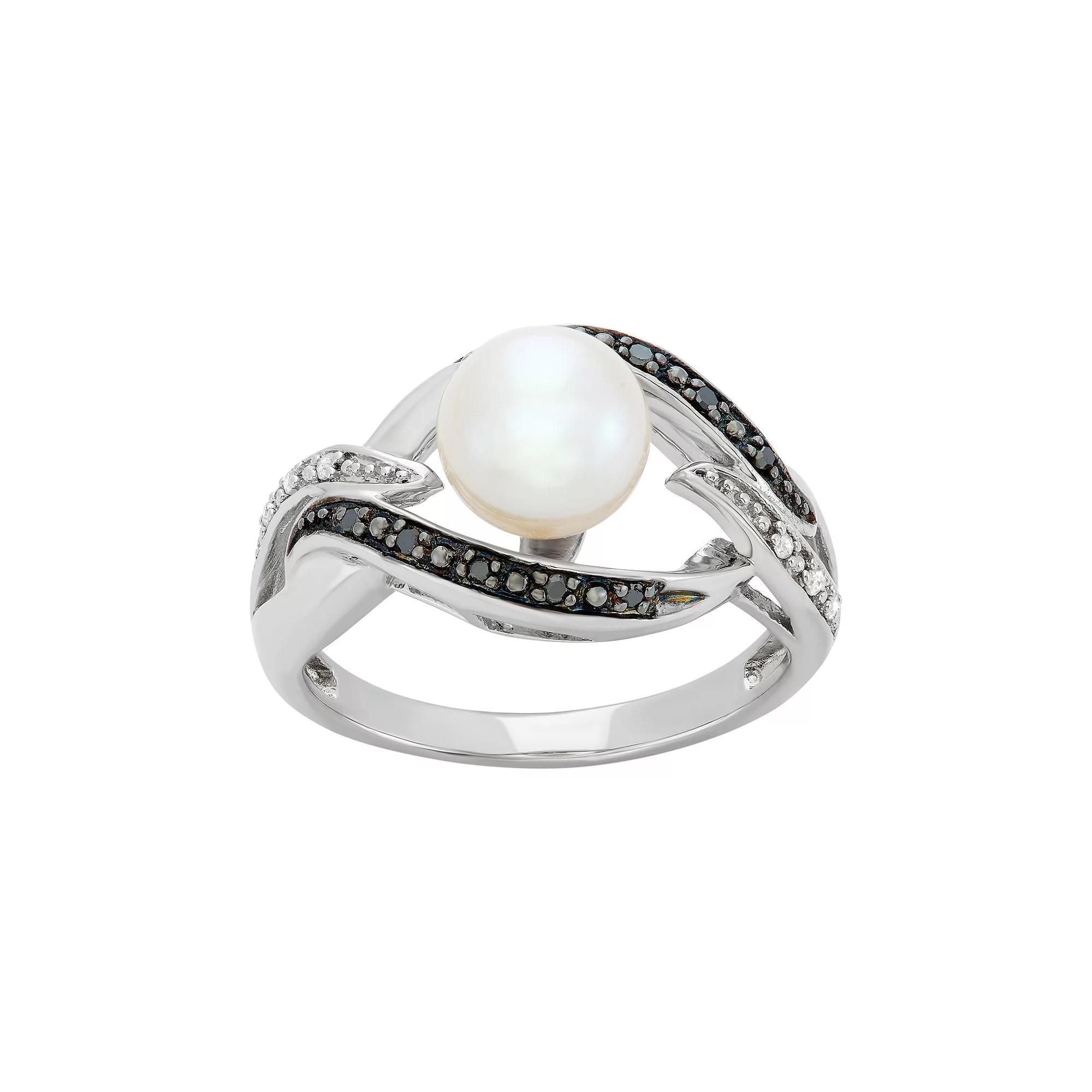Freshwater Cultured Pearl, and Black and White Diamond Accent Sterling Silver Openwork Ring, Women's,  Product Image