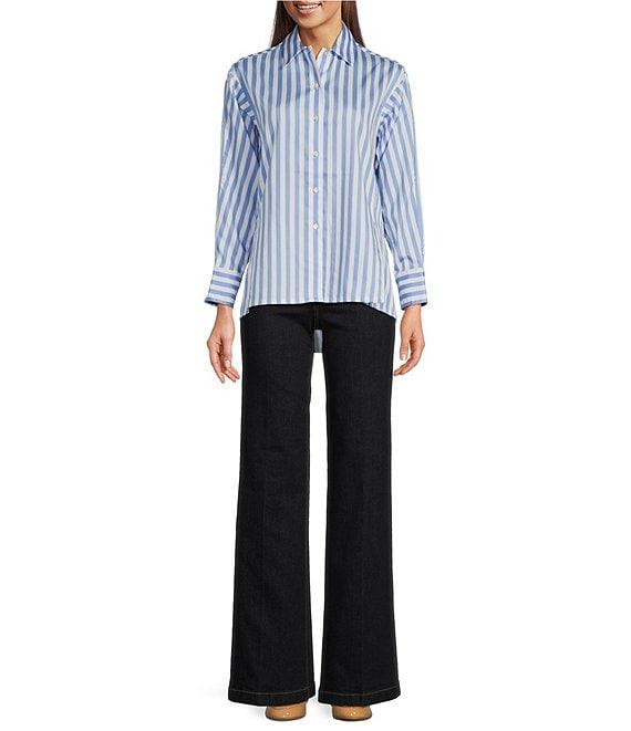 J.McLaughlin Alexis Cotton Sateen Stripe Print Point Collar Long Sleeve Button Front Blouse Product Image