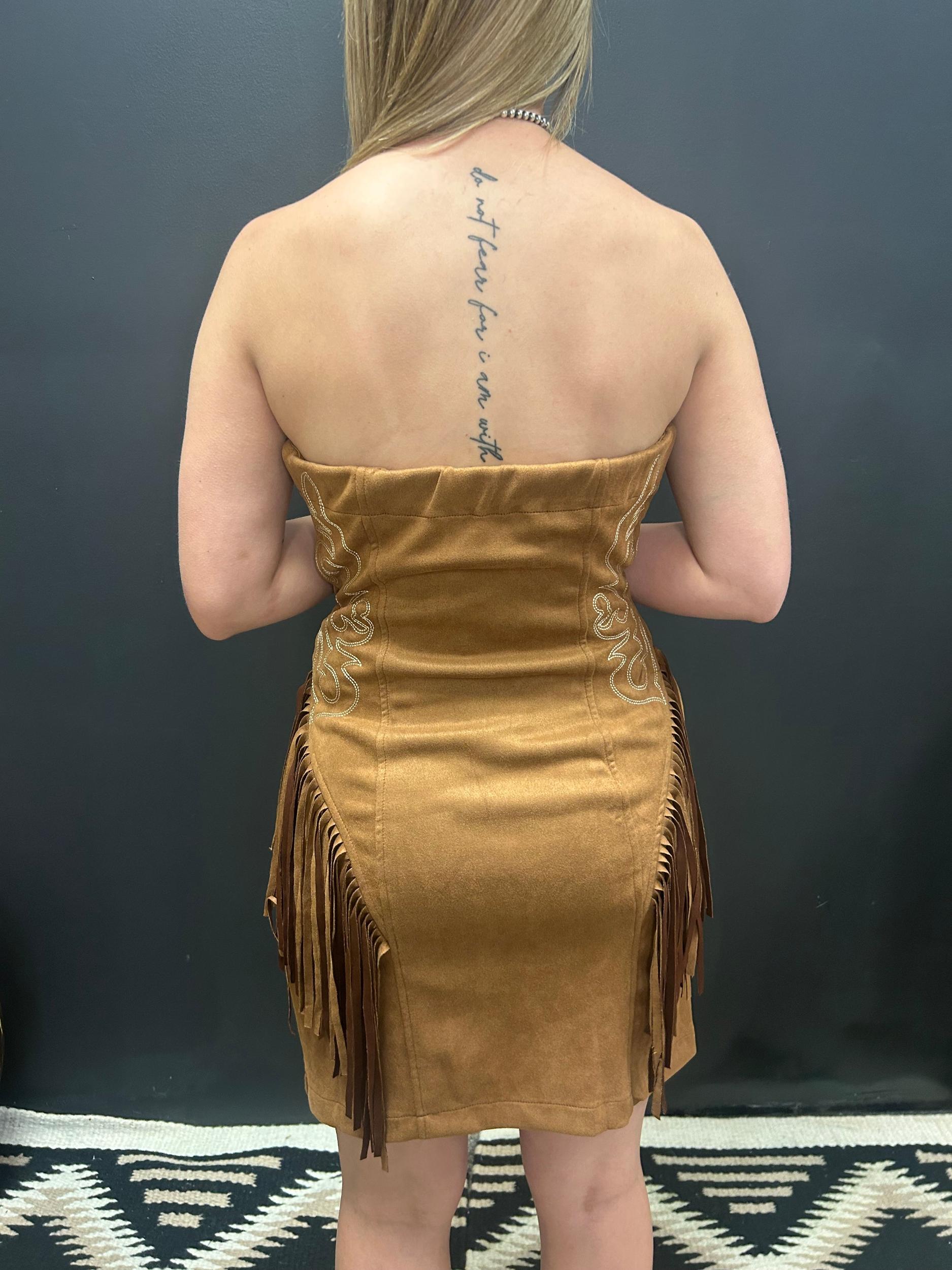 Camel Suede Boot Stitch Embroidered Fringe Dress* Product Image