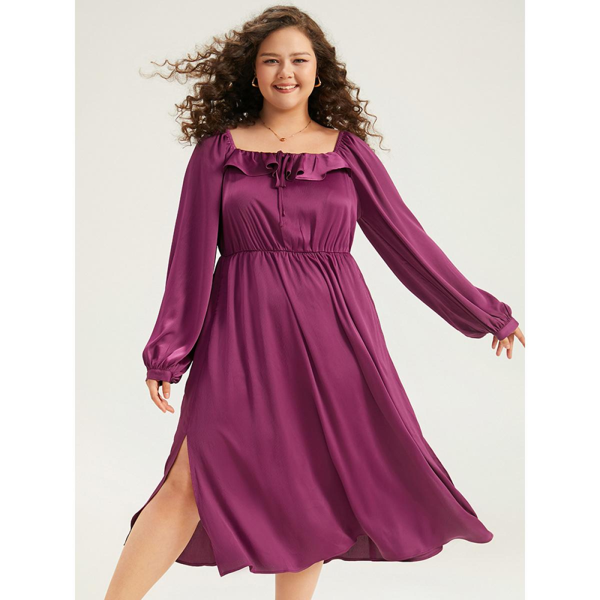 Plus Size Plain Flutter Trim Ties Split Side Dress Purple Women Elegant Gathered Square Neck Long Sleeve Curvy Midi Dress BloomChic 22-24/3X Product Image