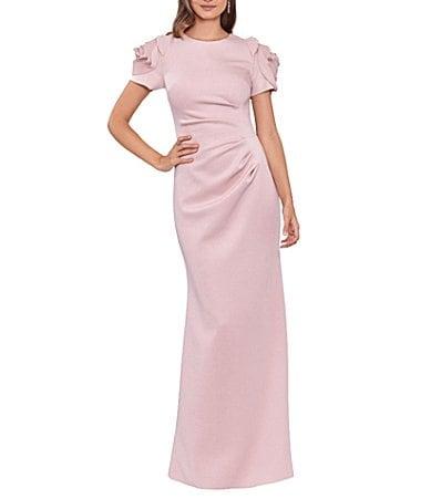 Xscape Rosette Short Sleeve Ruched Back Sheath Gown Product Image