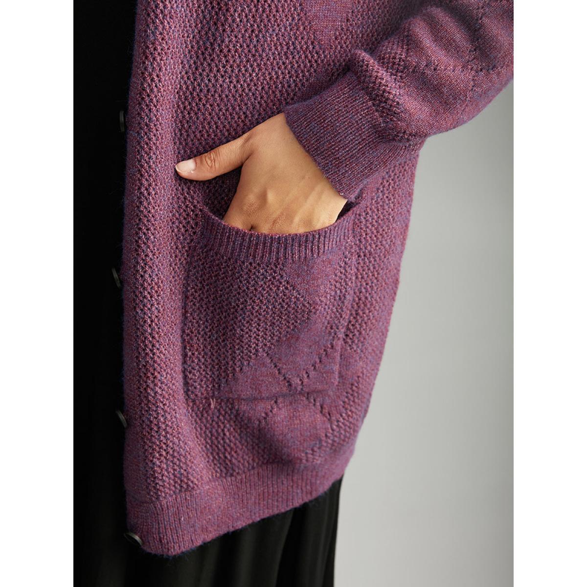 Plus Size Geometric Heather Pocket Button Up Cardigan Purple Women Casual Loose Long Sleeve Dailywear Cardigans BloomChic 10/M Product Image