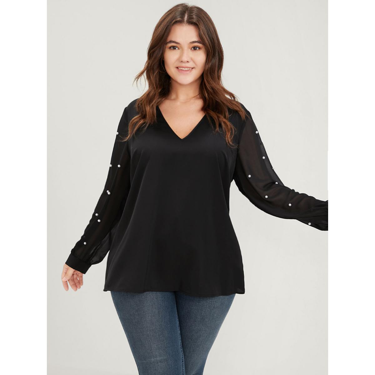 Plus Size Black Solid Patchwork Mesh Sleeve Pearls Beaded Blouse Women Glamour Long Sleeve V-neck Going out Blouses BloomChic 12/L Product Image