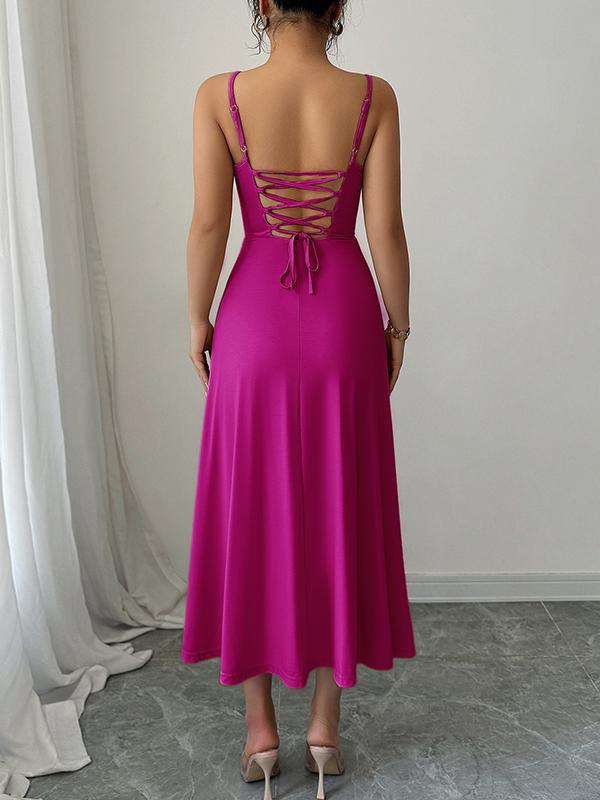 A-Line High Waisted Backless Pleated Solid Color Spaghetti-Neck Midi Dresses Product Image