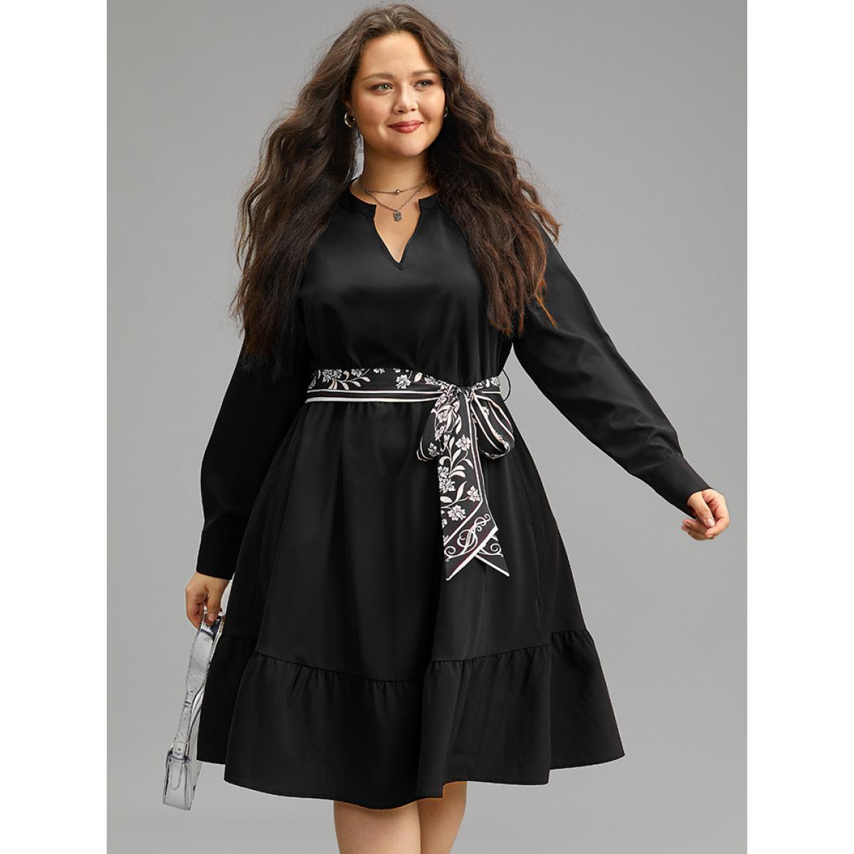 Plus Size Anti-Wrinkle Floral Print Belted Notched Dress Black Women At the Office Plain Notched collar Long Sleeve Curvy Knee Dress BloomChic 18-20/2X Product Image